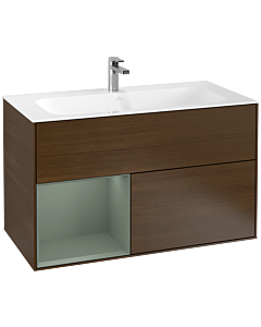 Villeroy und Boch Finion Waschtischunterschrank G030GMGN 99,6x59,1cm, Wandbeleuchtung, Regal links Olive Matt Lacquer, Walnut veneer